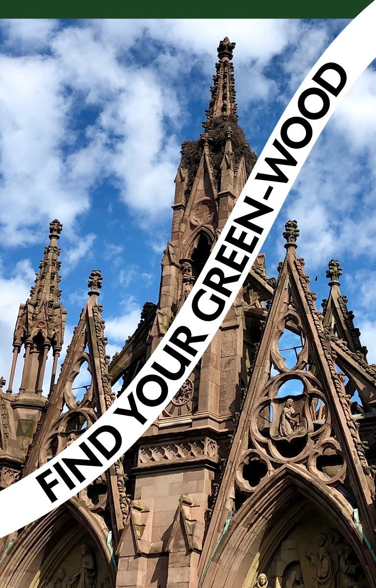 find your green-wood slogan across arches entrance