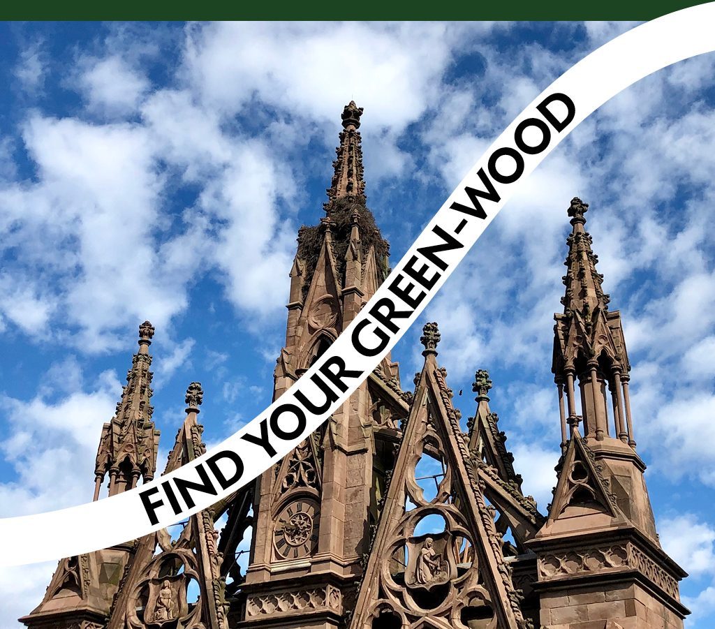 find your green-wood slogan across arches entrance